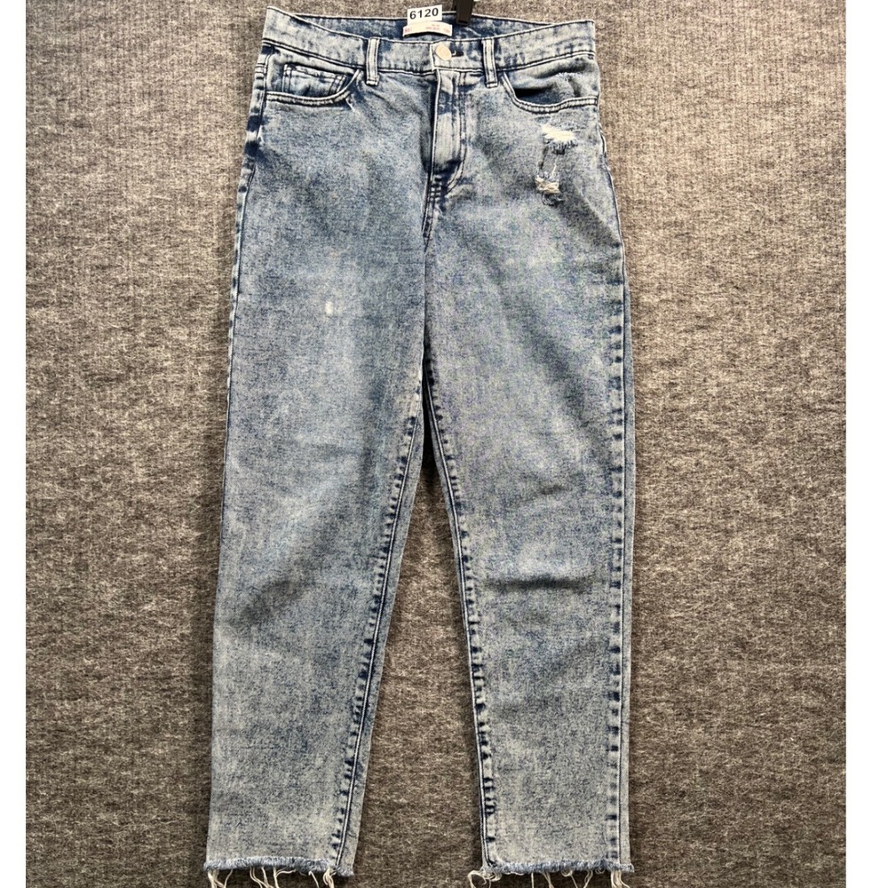 SO High Rise Mom Jeans 7/28W Light Acid Wash Raw Hem Distressed Denim